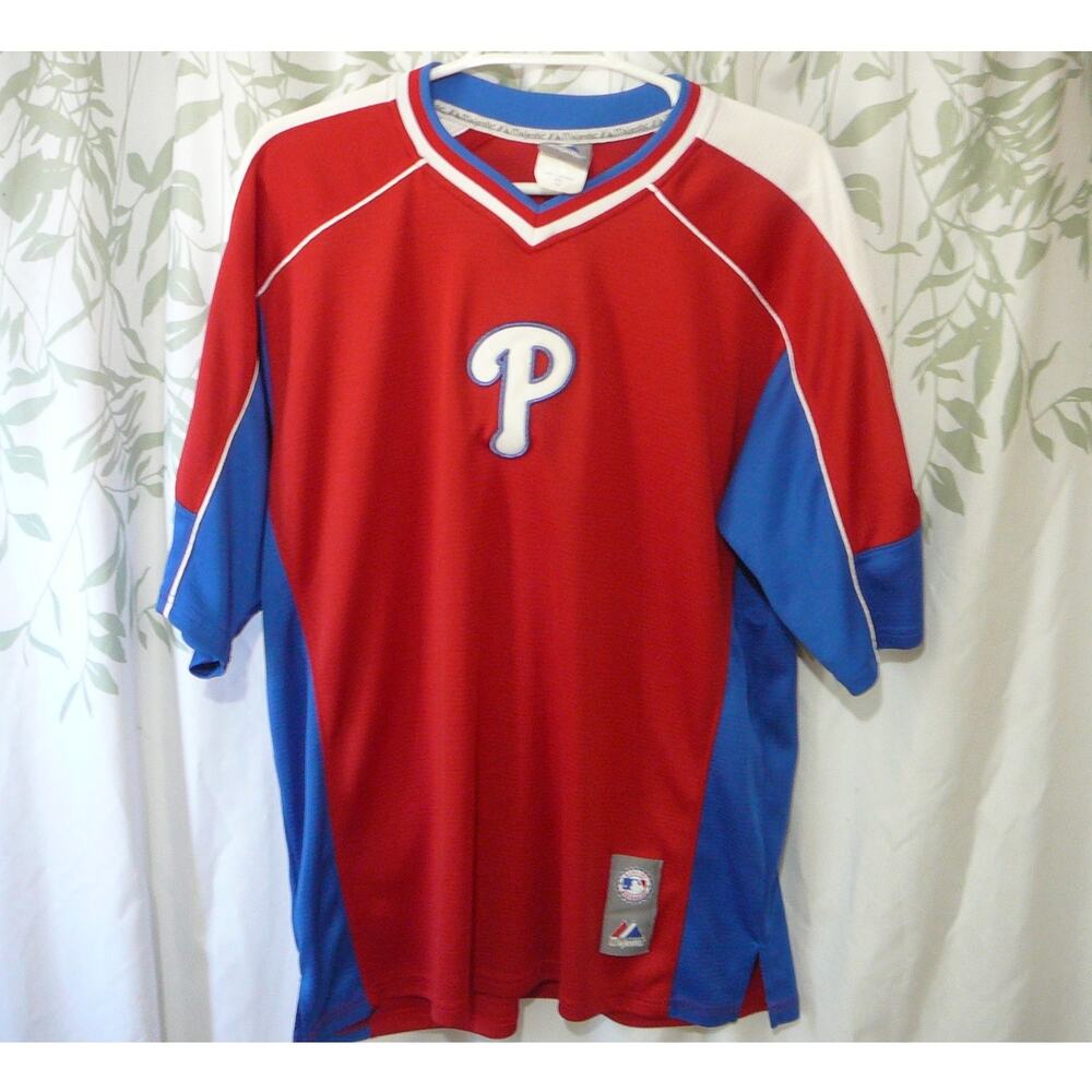 Philadelphia Phillies Jersey Mens Medium Red MLB Baseball Majestic V Neck Top